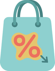 Turquoise shopping bag with percentage symbol and arrow, representing sale, promo, and special discount offers