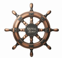 Close up of a nautical legacy ship wheel with a bronze finish and dark accents on a white backdrop