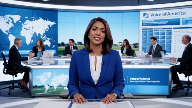 Female News Anchor Reporting From Voice of America Studio