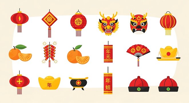 A vibrant collection of traditional chinese new year elements red lanterns, dragon masks, firecrackers, oranges, hand fans, gold ingots, and festive hats