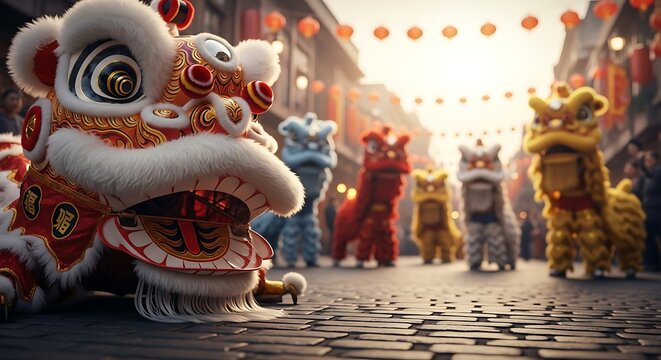 Closeup of a vibrant chinese lion dance costume head, with colorful lion dancers performing on a festive street adorned with lanterns - Powered by Adobe