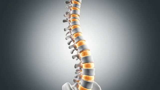 A detailed 3D rendering of the human spinal column showing vertebrae and intervertebral discs.