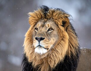 Fototapeta premium Close-up of a majestic male lion with a full mane, looking alert with snowflakes on its fur in a snowy environment