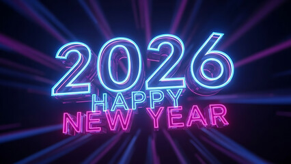 Happy New Year 2026 in neon glow against a dark background with vibrant light rays, a festive celebration graphic.