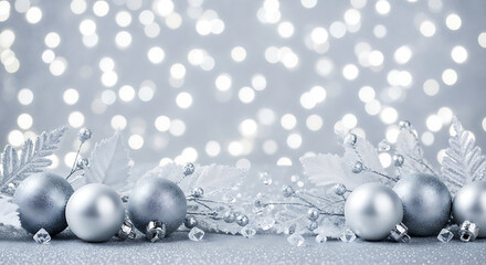 A serene holiday scene featuring shimmering silver Christmas ornaments, frosted leaves, and sparkling lights creating a magical winter atmosphere