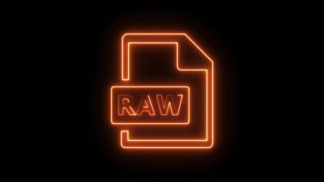 Abstract glowing neon Raw file icon animation with dark background.Containing photo camera, photographer, video camera and photograph icon collection animation.