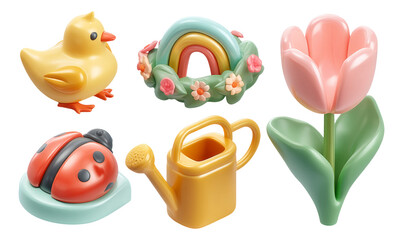 Colorful Illustrations of Cute Objects Featuring a Duck, Ladybug, Flower, and Rainbow