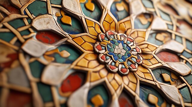 Intricate geometric floral pattern carved into wood with vibrant blue, red, and green accents, detailed texture
