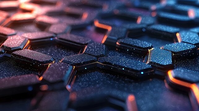 A close-up, abstract view of a dark, hexagonal grid pattern with glowing orange and blue neon lights. The surface is covered in tiny water droplets, creating a