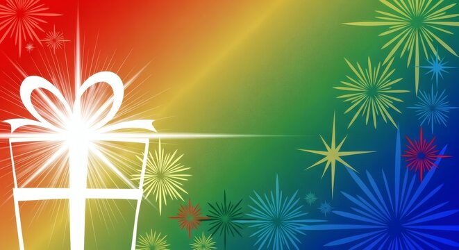 Bright Gift Box with Colorful Explosion of Stars and Sparkles on a Rainbow Gradient Background