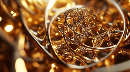 Intricate golden fractal pattern with glowing bokeh lights, abstract geometric background