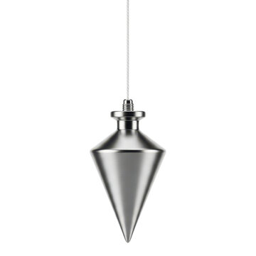 Shiny metal plumb bob tool hanging on string isolated on transparent background