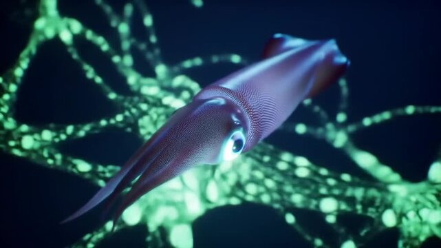 Bioluminescent squid in dark ocean, near glowing branches, possibly for scientific research