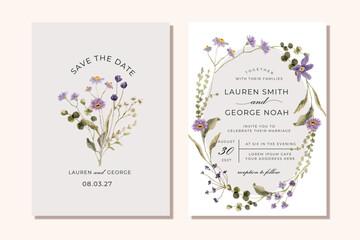 Fototapeta na wymiar wedding invitation save the date card with purple wildflower watercolor