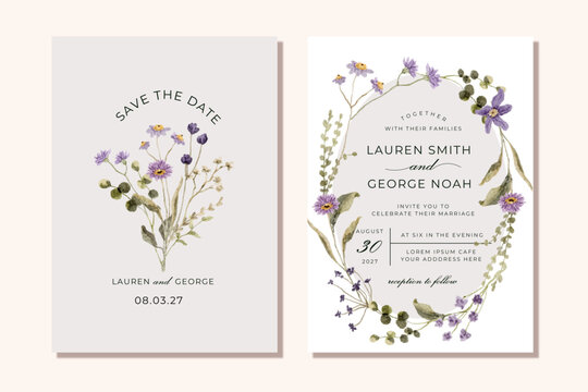 wedding invitation save the date card with purple wildflower watercolor