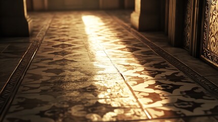 Sunlight streaming through a grand hallway, illuminating ornate tiled floor patterns