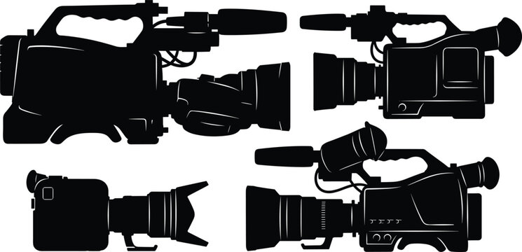 A collection of professional video and broadcast camera silhouettes in various side views, representing filming, production, media, news, technology, and cinema equipment concept.