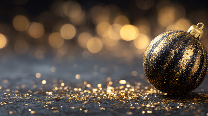 Gold glitter Christmas ornament on black surface with luxury bokeh lights