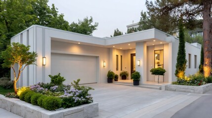 Fototapeta premium Modern luxury house exterior with illuminated garden at dusk