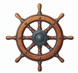 Illustration of a wooden ship's wheel with eight handles and a metal center on a white backdrop