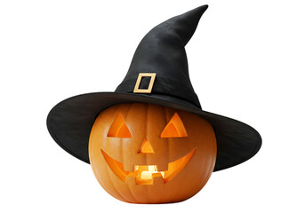 Spooky jack o lantern with witch hat glows warmly