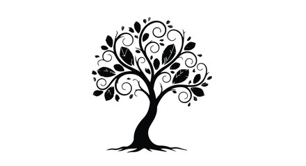 Obraz premium Elegant black silhouette of a stylized tree with swirling branches and leaves on a white background