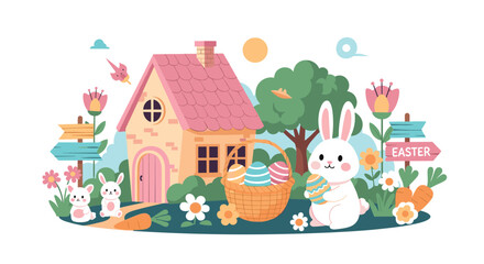 An adorable illustration of an Easter landscape with a sweet house, playful bunnies, a basket of eggs, and blooming spring flowers.
