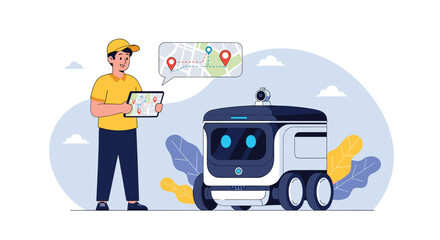 Delivery person managing an autonomous delivery robot with a tablet, showing a navigation map for last-mile logistics.
