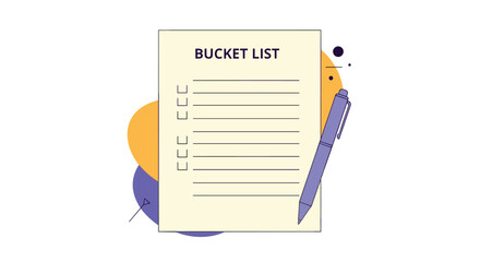 A flat vector illustration showing a bucket list on a piece of paper with checkboxes and lines for goal setting, accompanied by a purple pen.