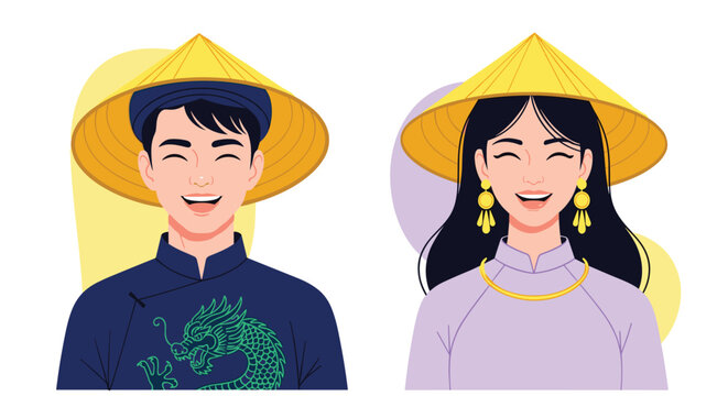 Smiling man and woman wearing traditional Vietnamese conical hats and clothing, joyfully representing their rich cultural heritage.