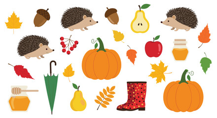A delightful collection of colorful autumn-themed illustrations featuring cute hedgehogs, pumpkins, fall leaves, and cozy elements, perfect for seasonal designs.