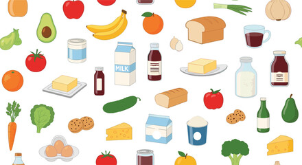 A vibrant collection of fresh produce, dairy products, baked goods, and pantry staples creating a colorful seamless food pattern.