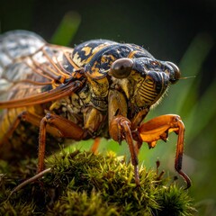 Close-up of a large insect, showing intricate detail of its head, wings, and legs, resting on a bed of green moss
