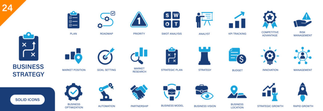 Business strategy icon. Includes swot analysis, strategic plan, roadmap, market research, business vision. Solid vector icon set.