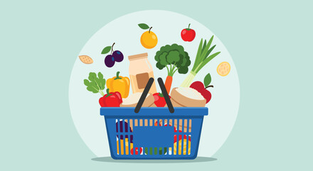 A vibrant assortment of fresh fruits, vegetables, and groceries overflowing from a blue shopping basket, symbolizing healthy eating and abundant produce.