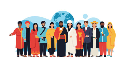 Diverse group of people from various cultures and religions standing united globally, symbolizing peace and coexistence.