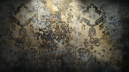 Obraz premium Aged and distressed damask wallpaper with a grunge texture and spotlight effect, evoking a sense of history and decay