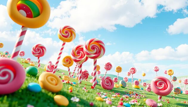 Vibrant, whimsical Candy Land landscape with lollipop trees and gumdrop mountains, bright, texture