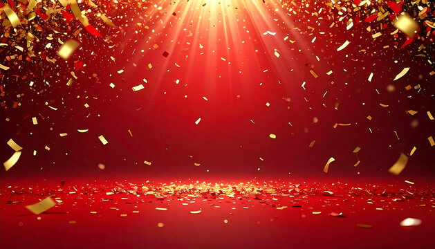 金の紙吹雪。光。背景赤。遠近感。立体感。Gold confetti. Light. Red background. Perspective. Three-dimensional effect.