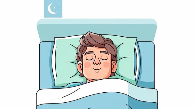 Animated Cartoon Man Sleeping Peacefully in Bed at Night.