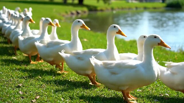 Flock of White Ducks Walking in Row on Grass Near Lake