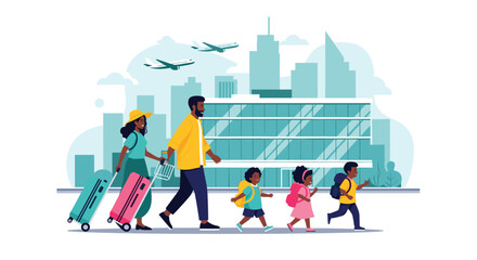 Happy African American family with parents and three children walking towards a modern airport for their summer vacation.