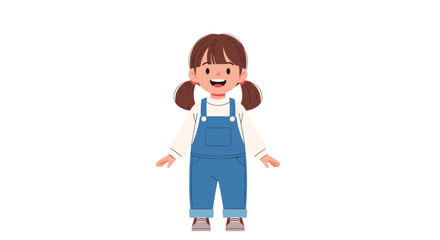 A cheerful cartoon girl with pigtails wearing blue denim overalls smiles brightly, standing on a white background, perfect for children's designs or educational content.