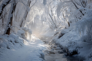 Frozen snowy stream