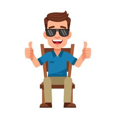 Happy man sitting on a chair with sunglasses giving thumbs up gesture.