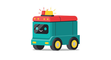 A cute, teal-colored robot service vehicle or delivery truck featuring a friendly smiling face on its windshield and bright red and yellow warning lights.