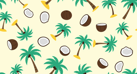 Seamless pattern of cute cartoon palm trees and coconuts on a light yellow background, perfect for tropical designs and summer themes.