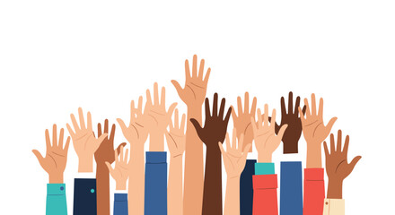 Many hands of various skin tones are raised upwards, symbolizing community, participation, voting, or collective action.