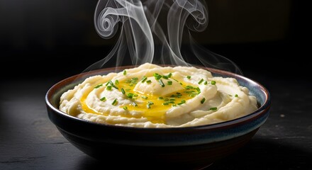 Indulge in creamy, hot mashed potatoes with melting butter and chives, perfect for comfort food cravings or holiday feasts, steaming and flavorful