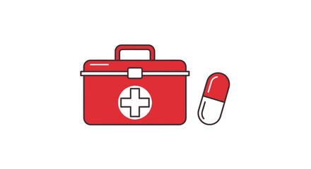 Red First Aid Kit with White Cross and Capsule.